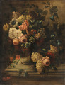 Flowers in a Vase and Grapes on a stone Plinth - French School