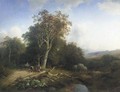 Peasants resting by a tree in a wooded valley - Frederik Hendrik Hendriks