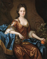 Portrait of Frances Wiat, three-quarter-length, seated, in an ochre dress and blue wrap, holding an orange in her left hand - John Riley