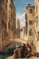 View of a Venetian canal with a religious procession on a bridge, and a monk at the foot of the steps - John Scarlett Davis