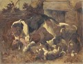 A hound and puppies with a fox's brush outside a kennel - John Emms