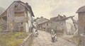 An Alpine village with a mother and her child returning home - John Pedder