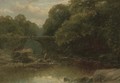 An angler in a rocky river with a bridge beyond - James Burrell Smith ...