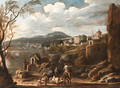 An Italianate coastal Landscape with Travellers conversing on a Path with a Town beyond - Italian School