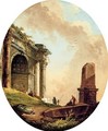 Drovers and their livestock before a ruined arch and obelisk - Hubert Robert