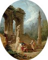 A capriccio of a classical arcade and a column with figures conversing before a statue - Hubert Robert