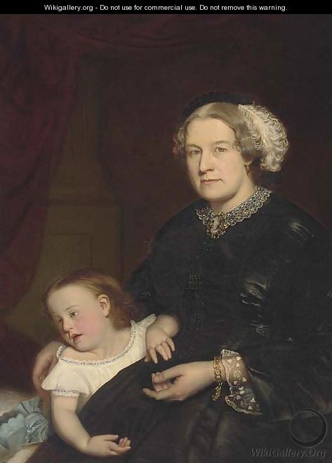 Portrait of a mother and child, seated three-quarter-length, the mother in a black dress with lace trimming, her daughter by her side - Hugh Collins