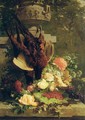 Hanging pheasants with summer flowers on a stone ledge in a garden - Jean-Baptiste Robie