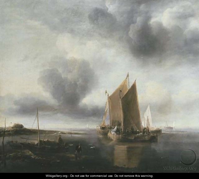 Two smalschips and other shipping off a sandbank in a calm - Jan Van De Capelle