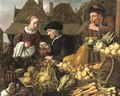 A young woman buying fruit from an old woman at a market, a man smoking a pipe nearby - Jan Victors