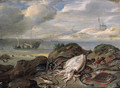 Cuttle-fish, plaice, cod, oysters, mussels and other fish on a dune, a river estuary with shipping beyond - Jan van Kessel