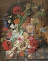 Irises, peonies, roses, and other flowers surrounding a terracotta urn, with a birds' nest, grapes, and plums - Johannes Hendrick Fredriks