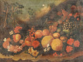 Pomegranates, apples, grapes and other fruit and flowers on a forest floor - Roman School