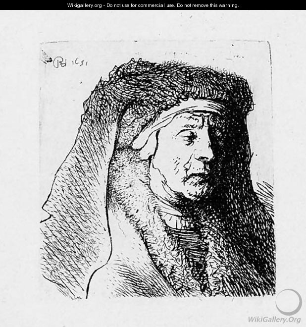 Bust of an old Woman in a furred Cloak and heavy Headdress - Rembrandt Van Rijn