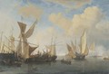 A wijdschip and a smalschip lying at a pierhead, a States Yacht leaving - (after) Willem Van De, The Younger Velde