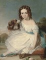 Portrait of a girl, seated full-length, in a white dress, stroking a spaniel, a fountain beyond - Margaret Sarah Carpenter