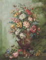 Roses, carnations, poppies, morning glory, chrysanthemums and other flowers in a sculpted urn on a stone ledge - (after) Jan Van Os