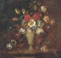 Roses, tulips, and other flowers in a vase with a butterfly on a ledge - (after) Andrea Belvedere