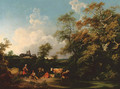 A wooded river landscape with a milkmaid, herdsman and cattle, a church beyond - Philip Jacques de Loutherbourg