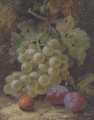 Grapes, plums and a strawberry on a mossy bank - Oliver Clare