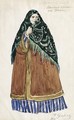 Costume Design For Dasha, The Merchant's Wife, Wearing Green And Black Headscarf - Boris Kustodiev