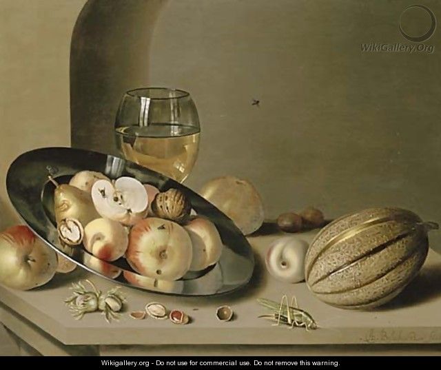 Apples, pears, peaches and walnuts on a pewter plate with fruit, a roemer, a melon, chestnuts and a grasshopper on a stone ledge in a niche - Ambrosius the Younger Bosschaert