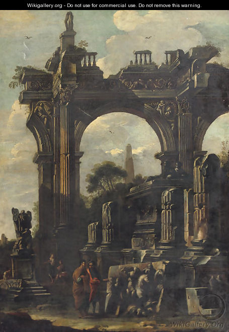 An architectural 'capriccio' with ancient ruins and two figures ...