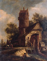 Travellers crossing a torrent by a fortified farmhouse near a dovecote - (after) Roelof Van Vries