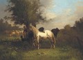 A farm girl with horses and sheep in a field - Antonio Cordero Cortes