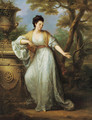 Portrait of Mrs. Mary Pocklington of Winthorpe Hall, Nottinghamshire, full-length, in a white dress with a red sash, holding a book in her left hand, - Angelica Kauffmann