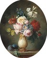 A vase of flowers and two plums on a marble tabletop - Anne Vallayer-Coster