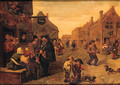 Boors listening to a liereman, outside a shoemaker's workshop, in a village street - (after) Adriaen Brouwer