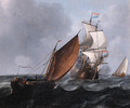 A wijdschip running before the wind while a merchantman fires a salute, in a stiff breeze - Aernout Smit