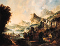 An extensive Rhenish landscape with an elegant couple and travellers on a path above a valley - (after) Gerrit Van Battem