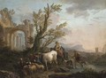 An Italianate river landscape with a peasant family travelling with his goats and cattle - (after) Andrea Locatelli