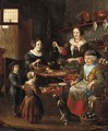 The interior of a grocer's shop with a woman making pancakes - (after) Michiel Van Musscher