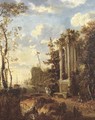 A wooded coastal landscape with travellers by a classical fountain - (after) Jan Gabrielsz. Sonje