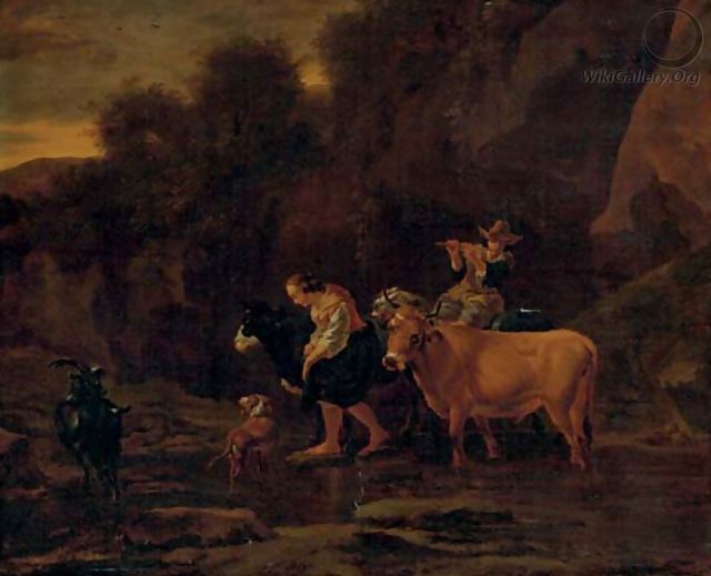 A shepherd and shepherdess with cattle in a landscape - (after) Nicolaes Berchem