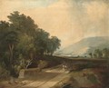 A horse and cart on a track in an extensive river valley - (after) James Arthur O