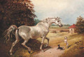 A grey with two dogs in a wooded landscape - (after) James Ward