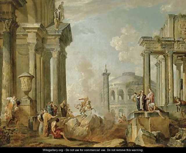 Marcus Curtius riding into the chasm of fire - (after) Giovanni Paolo Panini