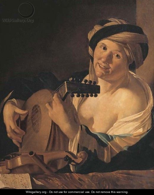 A woman playing the lute, a violin, flute and music on a draped ledge before her - Dirck Van Baburen