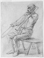 A seated man playing a sackbut - Cornelis Saftleven