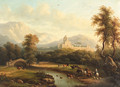 A mountainous river landscape with a drover - Continental School
