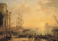 A capriccio of an Italianate harbour at sunset, with merchants, fishermen and stevedores on the shore in the foreground, men-o'-war at a quay beyond - Claude Lorrain (Gellee)