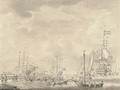 The Dutch fleet at anchor with sailors loading supplies at a jetty - (after) Willem Van De, The Younger Velde