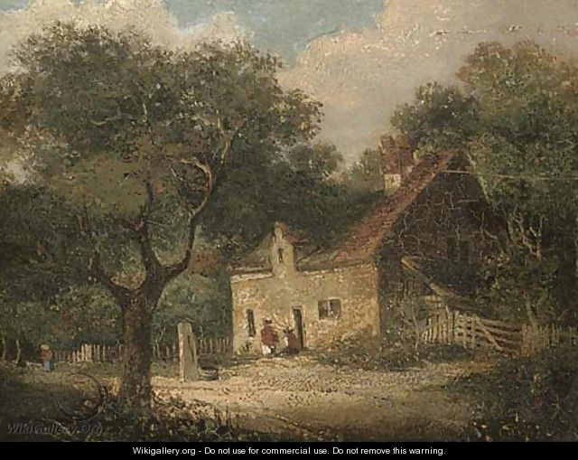Figures outside a woodland cottage; and Figures before a country cottage - English School