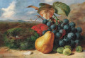Gooseberries, a pear, a peach, grapes and a bird's nest, on a bank - Edward Ladell