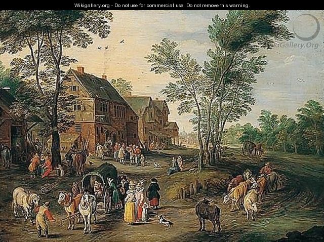 A Village Scene With A Wagon And Elegant Figures Halted Near An Inn