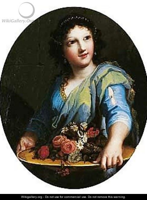 A Young Woman Holding A Basin Of Flowers - Jacques Stella